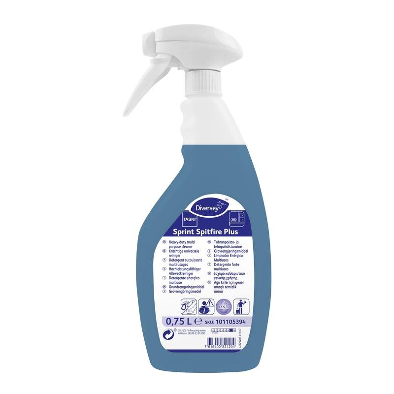 Ένα μπουκάλι ψεκασμού 750 ml TASKI Sprint Spitfire Plus της Diversey Deutschland GmbH & Co. OHG, ένα έτοιμο για χρήση αλκαλικό καθαριστικό υψηλής απόδοσης με πολυγλωσσικές πληροφορίες προϊόντος στην μπροστινή ετικέτα.