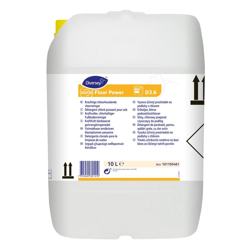 Ein 10-Liter-Kanister Suma Floor Power D3.6, ein chloralkalischer Bodenreiniger von Diversey Deutschland GmbH & Co. OHG, mit gelbem Deckel und mehrsprachigem Etikett mit Anweisungen und schwarzen Symbolen.