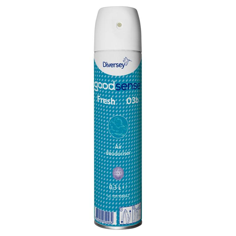 Eine hohe Aerosoldose mit der Aufschrift "Good Sense Fresh, Raumspray-Lufterfrischer und Geruchsneutralisierer | Dose (300 ml)" von Diversey Deutschland GmbH & Co. OHG, mit weißer Kappe, blau gemustertem Körper und Produktsymbolen am Boden.