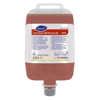 Ένα καθαριστικό υγιεινής TASKI Sani 100 Pur-Eco 2,5L από τη Diversey, ουδέτερο pH, με πιστοποίηση περιβάλλοντος ΕΕ, ιδανικό για καθαρισμό μαρμάρου, με λαβή μεταφοράς, καπάκι εκροής και ετικέτα σε πολλές γλώσσες.