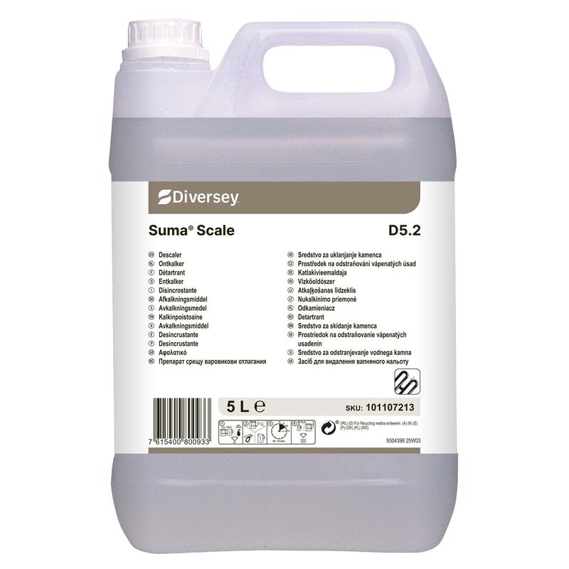 Ein 5-l-Kanister Suma Scale D5.2 Kalklöser von Diversey Deutschland GmbH & Co. OHG, für den periodischen Einsatz, mit einem mehrsprachigen Etikett mit Produktinformation, Anleitung, Barcode und SKU-Nummer.