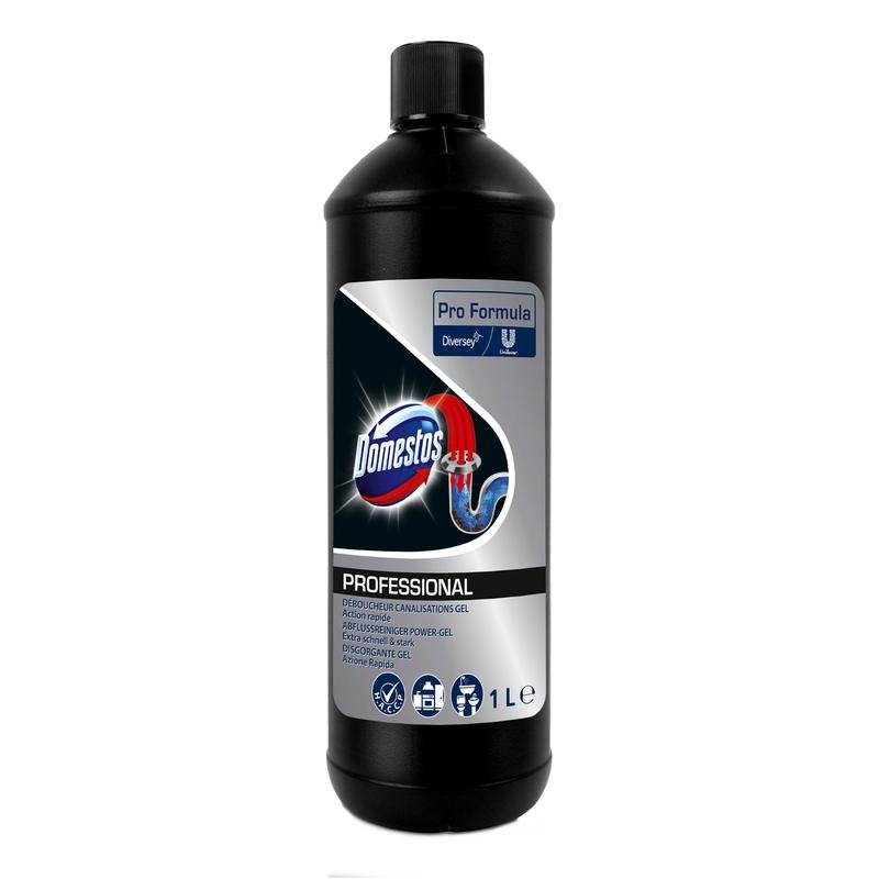 Ένα μαύρο μπουκάλι 1 λίτρου DOMESTOS Professional καθαριστικό αποχετεύσεων Power-Gel από την Diversey Deutschland GmbH & Co. OHG με μπλε-ασημί ετικέτα - ιδανικό ως ισχυρό καθαριστικό αποχετεύσεων (Rohrfrei) για την αποτελεσματική απομάκρυνση των αποφράξεων.