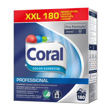 Eine Dose Coral Professional Color Expertise Color-Waschmittel (180 Wäschen, 8 kg Pulver) von Diversey Deutschland GmbH & Co. OHG mit Pro Formula Branding, blauem Design und bietet Farb- und Faserschutz für strahlende Farben.