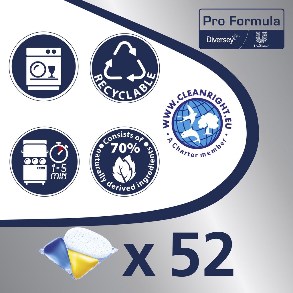 Η γραφική παράσταση περιέχει σύμβολα για καταλληλότητα πλυντηρίου πιάτων, ανακυκλωσιμότητα, γρήγορο καθάρισμα 1-5 λεπτών, 70% φυσικά συστατικά, ένα λογότυπο ιδρυτικού μέλους και "52" δίπλα στις κάψουλες πλυντηρίου πιάτων Sun Professional Optimum All in One από την Diversey (52 Tabs).