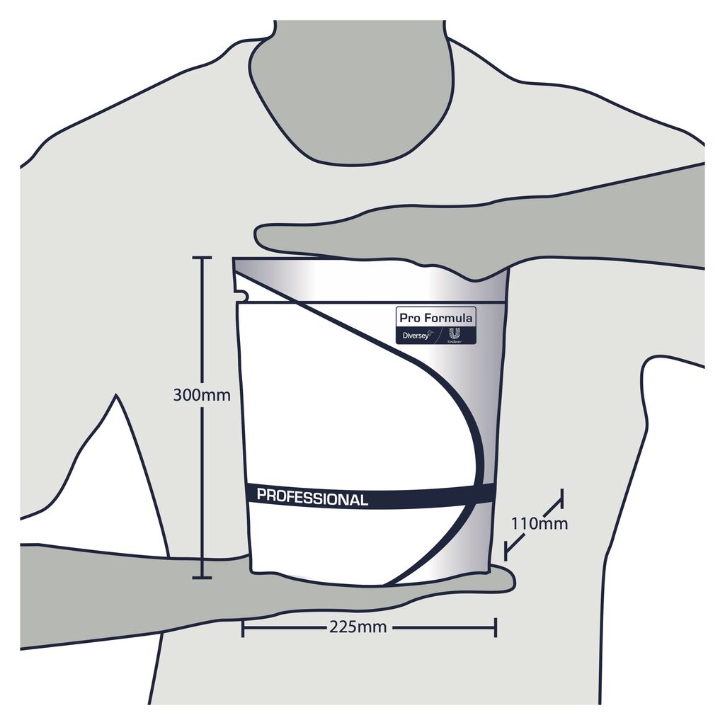 Εικονογράφηση ενός ατόμου που κρατάει ένα σακουλάκι με την επιγραφή "Sun Professional Optimum All in One" από την Diversey Deutschland GmbH & Co. OHG για κάψουλες πλυντηρίου πιάτων (52 Tabs); Διαστάσεις: 300mm ύψος, 225mm πλάτος, 110mm βάθος. Τα χέρια τονίζουν το μέγεθος του σακουλιού.