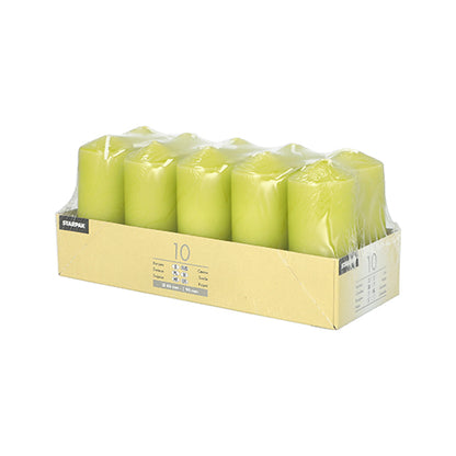 Starpak 10 Stumpenkerzen Ø 40 mm · 90 mm, κίτρινα, με μεγάλη διάρκεια καύσης – διατεταγμένα σε δύο σειρές, συσκευασμένα σε διαφανές ορθογώνιο κουτί με πληροφορίες προϊόντος. Ιδανικό για ρομαντική ατμόσφαιρα.