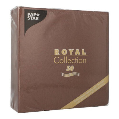 Μια καφέ συσκευασία PAPSTAR GmbH με 50 χαρτοπετσέτες "ROYAL Collection" 1/4-πτυχή 40x40 cm με χρυσά και λευκά γράμματα και ένα κομψό σχέδιο κυματιστών γραμμών.