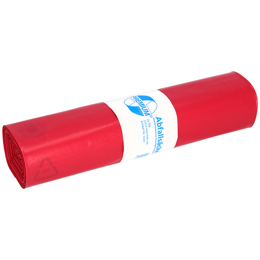 Abgebildet ist eine Rolle EMIL DEISS KG (GmbH + Co.) DEISS 11001 rote Müllsäcke (700x1100 mm, Typ 60, 25 Stück), mit weiß-blauem Etikett für Transport und Lagerung, auf einfarbig weißem Hintergrund.