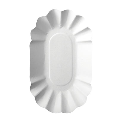 Το οβάλ λευκό πιάτο μιας χρήσης "pure" της PAPSTAR GmbH (PAPSTAR 250 μπολ) είναι πιστοποιημένο με FSC, έχει κυματοειδή άκρη και απεικονίζεται από πάνω σε μονόχρωμο υπόβαθρο.