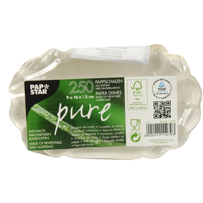 Ένα πακέτο με 250 PAPSTAR μπολ, χαρτόνι "pure" οβάλ λευκό από PAPSTAR GmbH - από χαρτόνι φρέσκων ινών και πιστοποιημένο με FSC, βιώσιμο υλικό, διαστάσεις 9 x 16 x 3 cm.