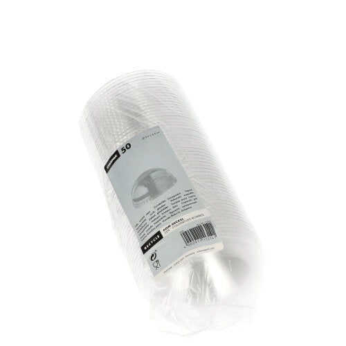 Eine versiegelte Plastikverpackung enthält 50 runde, durchsichtige Starpak „Hurricane“-PET-Deckel (ohne Loch), Ø 9,5 cm x 4,5 cm, mit einem weiß-grauen Etikett mit Produktdetails.