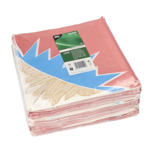 Μια στοίβα κόκκινων-μπλε-λευκών PAPSTAR 1000 κώνων πατάτας τηγανητής σε μορφή ζικ-ζακ (υποκατάστατο περγαμηνής) είναι συσκευασμένη σε διαφανή μεμβράνη και φέρει πράσινη ετικέτα της PAPSTAR GmbH.