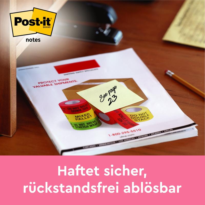 Ένα Post-it® σημείωμα 6810GB (38 x 51 mm, κίτρινο) της 3M Deutschland GmbH με την ένδειξη "Δείτε σελίδα 23" βρίσκεται πάνω σε ένα έγγραφο. Επάνω αριστερά εμφανίζεται το λογότυπο Post-it, από κάτω σε ροζ φόντο είναι τυπωμένο "Κολλάει ασφαλώς, αφαιρείται χωρίς υπολείμματα".