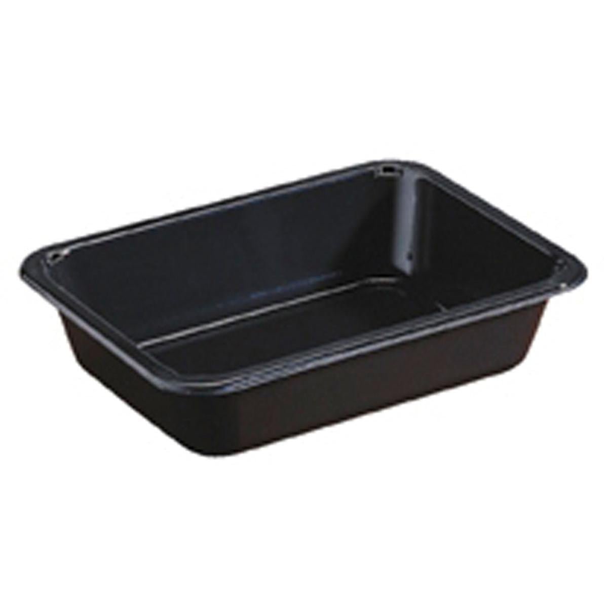 Ο Duni GmbH CPET Take-Away klein Schwarz είναι ένας μαύρος, ορθογώνιος πλαστικός περιέκτης με λοξές πλευρές και στρογγυλεμένες γωνίες, ιδανικός για γεύματα εν κινήσει, σε λευκό φόντο.