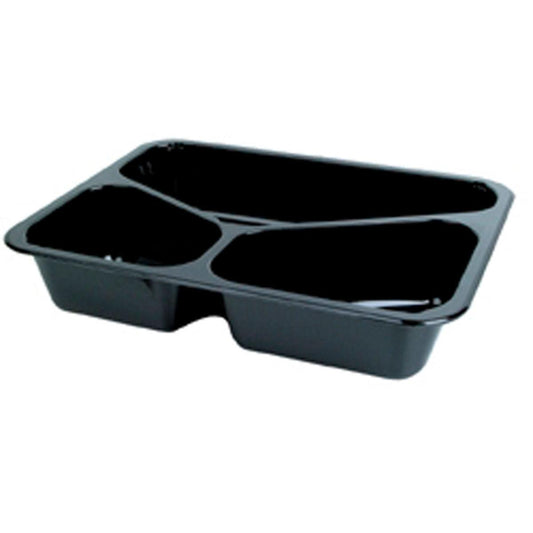 Die CPET-Schale 225x175 mm von Duni GmbH in Schwarz mit drei Fächern ist hitzebeständig - perfekt für umweltfreundliches Takeaway und Catering von warmen Mahlzeiten. Verpackungseinheit: 300 Stück.