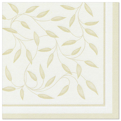 Die PAPSTAR GmbH 50 Servietten "ROYAL Collection" 1/4-Falz 40 x 40 cm in der Farbe Champagner mit einer eleganten Blatt- und Rankenbordüre verleihen jedem gedeckten Tisch einen Hauch von Raffinesse.