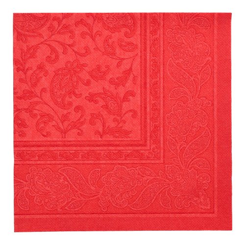 Μια κόκκινη χάρτινη χαρτοπετσέτα της PAPSTAR GmbH, "ROYAL Collection" (40 x 40 cm, 1/4-πτυχή), με ανάγλυφο λουλουδάτο μοτίβο και διακοσμητικό περίγραμμα - μία από τις 50 υψηλής ποιότητας χαρτοπετσέτες για ένα κομψά στρωμένο τραπέζι.