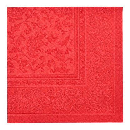Μια κόκκινη χάρτινη χαρτοπετσέτα της PAPSTAR GmbH, "ROYAL Collection" (40 x 40 cm, 1/4-πτυχή), με ανάγλυφο λουλουδάτο μοτίβο και διακοσμητικό περίγραμμα - μία από τις 50 υψηλής ποιότητας χαρτοπετσέτες για ένα κομψά στρωμένο τραπέζι.