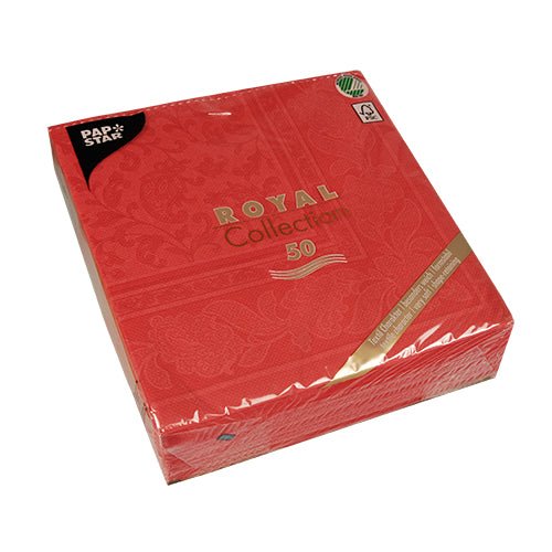 Ένα πακέτο με 50 PAPSTAR Royal Collection χαρτοπετσέτες (40 x 40 cm, κόκκινο, 1/4-πτυχή) της PAPSTAR GmbH, συσκευασμένο σε πλαστικό με χρυσά και λευκά γράμματα στη συσκευασία.