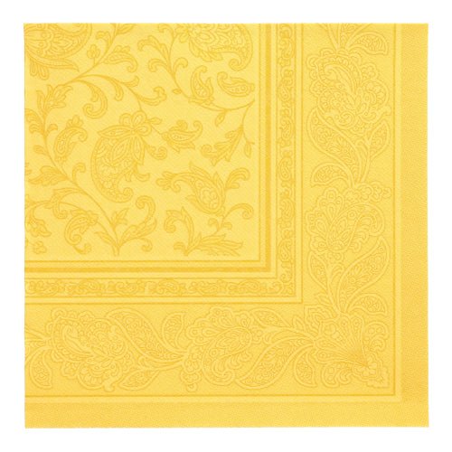 Μια κίτρινη PAPSTAR GmbH 50 χαρτοπετσέτες "ROYAL Collection" χαρτοπετσέτα (1/4-πτυχή, 40 x 40 εκ.) με ανάγλυφο μοτίβο Paisley και λουλουδιών απεικονίζεται διπλωμένη από πάνω.