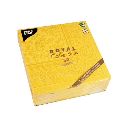 Απεικονίζεται μια σφραγισμένη συσκευασία με 50 PAPSTAR GmbH χαρτοπετσέτες "ROYAL Collection" 1/4-πτυχή, 40 x 40 εκ., κίτρινες, με ανάγλυφη λουλουδάτη συσκευασία, σε λευκό φόντο.