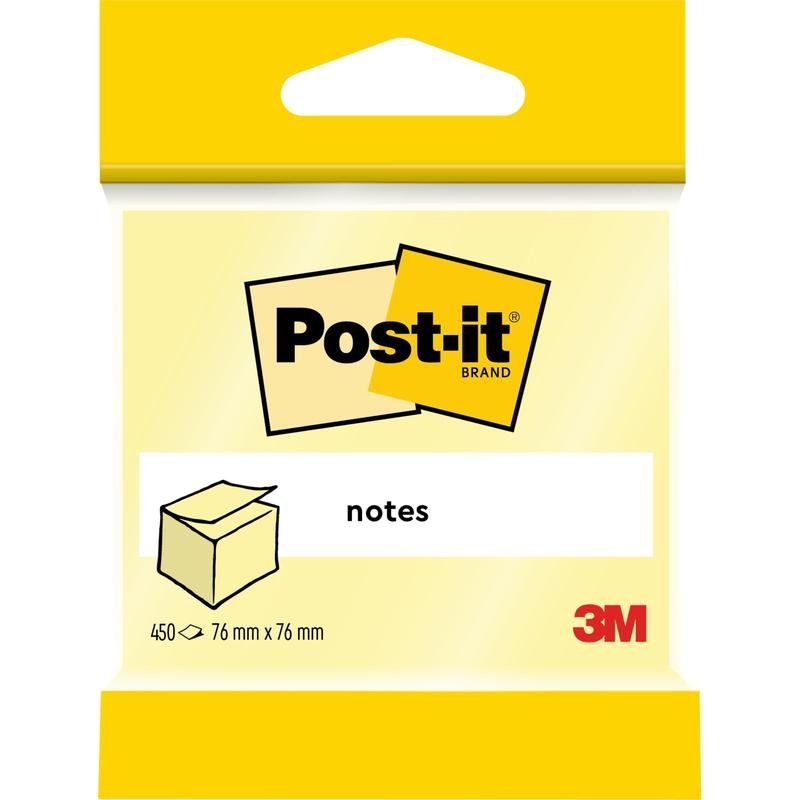 Μία ατομική συσκευασία κύβων Post-it® Notes από την 3M Deutschland GmbH περιέχει 450 κίτρινα φύλλα (76 x 76 mm), κατασκευασμένα από χαρτί πιστοποιημένο κατά 100% από PEFC (SGSCH-PEFC-COC-110078). Η ετικέτα στο μπροστινό μέρος δείχνει το λογότυπο Post-it και το γραφικό του σημειωματάριου.