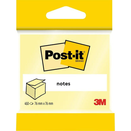 Μία ατομική συσκευασία κύβων Post-it® Notes από την 3M Deutschland GmbH περιέχει 450 κίτρινα φύλλα (76 x 76 mm), κατασκευασμένα από χαρτί πιστοποιημένο κατά 100% από PEFC (SGSCH-PEFC-COC-110078). Η ετικέτα στο μπροστινό μέρος δείχνει το λογότυπο Post-it και το γραφικό του σημειωματάριου.