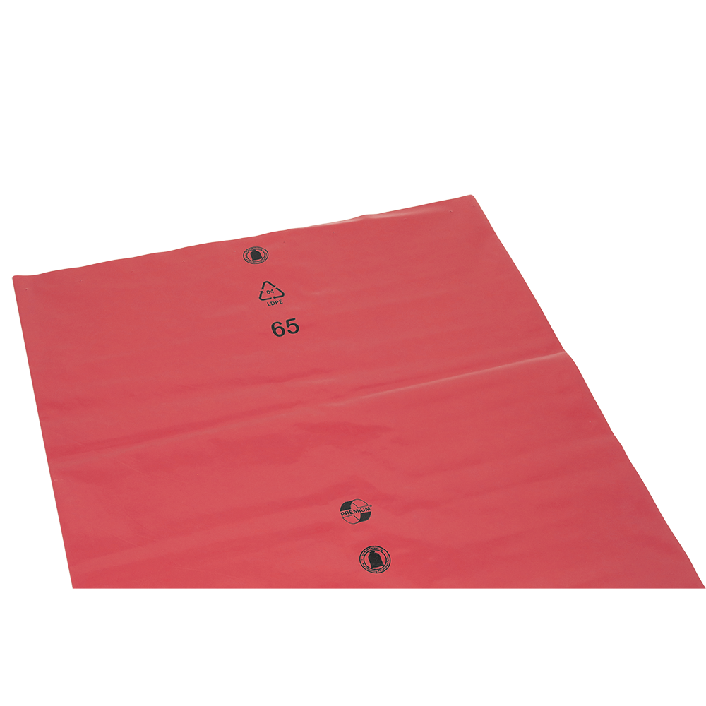 Der rote DEISS PREMIUM® 70L Recycling-LDPE-Müllbeutel der EMIL DEISS KG (GmbH + Co.) ist groß, flach und langlebig mit drei schwarz aufgedruckten Symbolen, darunter ein 65er Recycling-Symbol - perfekt als umweltfreundlicher Müllbeutel.