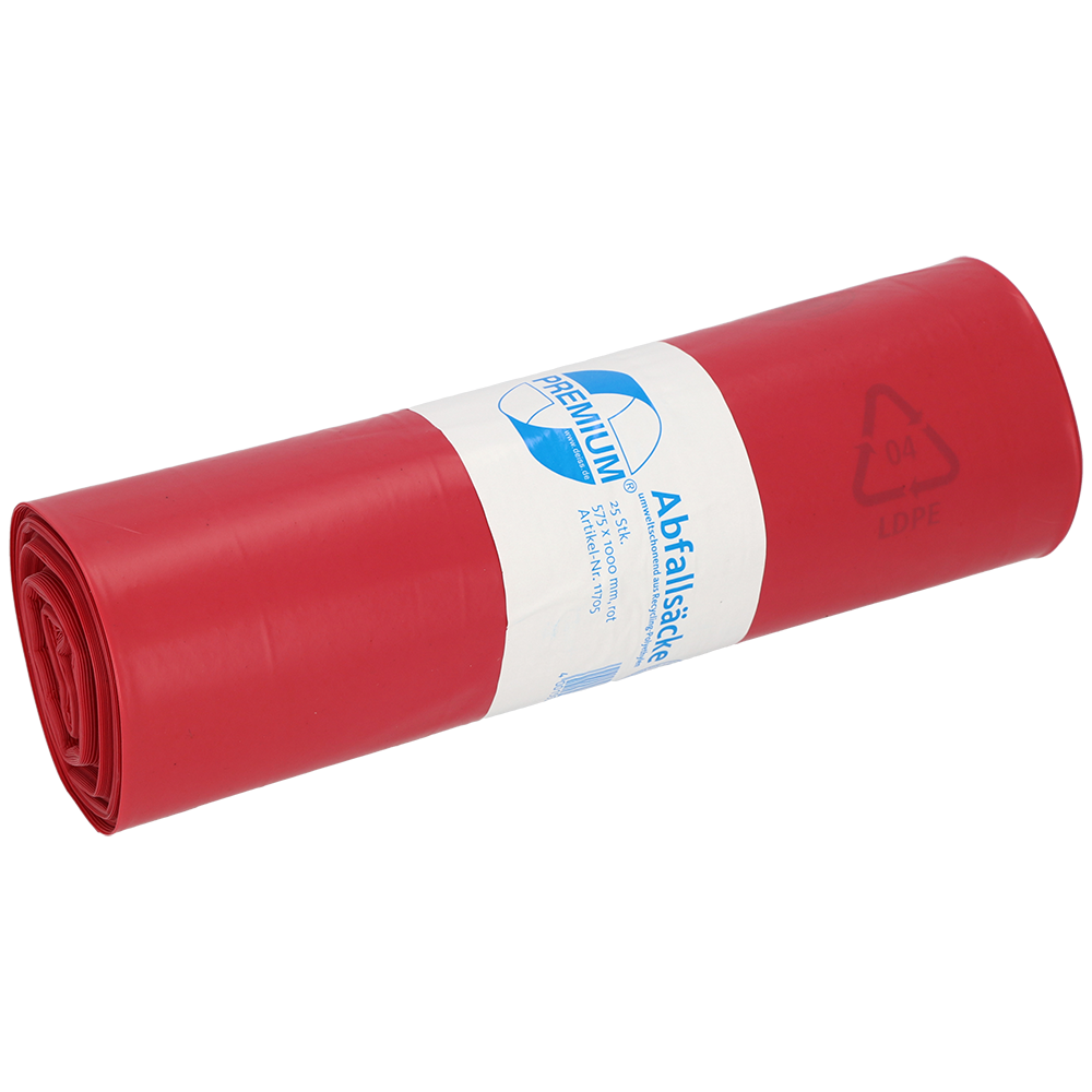 Eine Rolle roter Kunststoff-Müllsäcke der EMIL DEISS KG (GmbH + Co.), DEISS 11705 - 575x1000 mm Typ 60, ist mit einem weiß-blauen Etikett mit Text, Recycling-Informationen und der Produktbezeichnung versehen; enthält 25 Säcke pro Rolle.