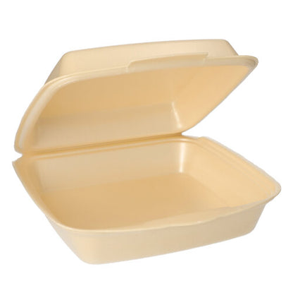 Ένα μπεζ, ορθογώνιο Starpak 50 κουτί μενού με καπάκι για μεταφορά είναι ανοιχτό και άδειο, δείχνοντας το λείο εσωτερικό του με ένα καπάκι συνδεδεμένο στο πίσω μέρος.