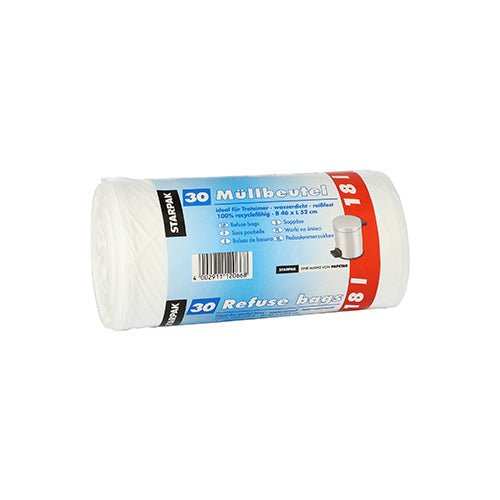 Ένας ρόλος με 30 σακούλες απορριμμάτων Starpak 30 (18 l, 52 cm x 46 cm, λευκό, LDPE) με μπλε-λευκή κορδέλα με την επιγραφή «Σακούλες απορριμμάτων» και «Refuse bags» καθώς και ένα μικρό μοτίβο σκουπιδοτενεκέ. Μάρκα: Starpak.