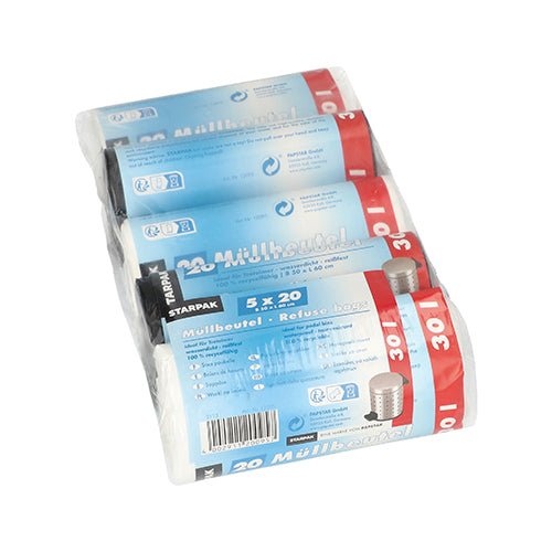 Η συσκευασία Starpak 100 σακουλών απορριμμάτων περιέχει 100 σακούλες απορριμμάτων από HDPE (30 λ, 60 εκ. x 50 εκ.), σε διάφορα χρώματα, με πληροφορίες προϊόντος στην μπλε και κόκκινη ετικέτα.