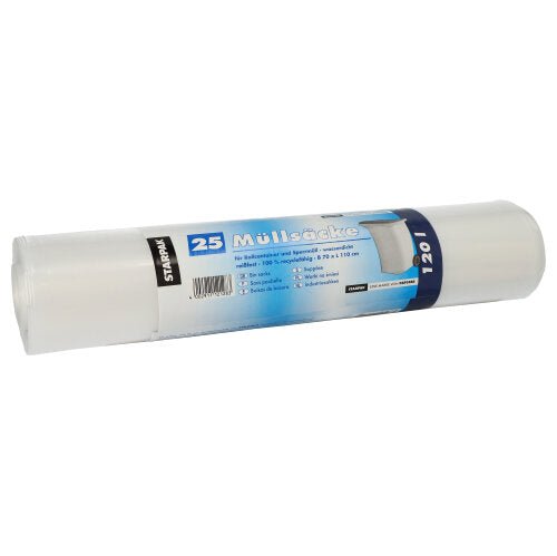 Ένας ρόλος με 25 σακούλες απορριμμάτων Starpak (LDPE, 120 l, 110 cm x 70 cm) είναι συσκευασμένος σε διαφανές πλαστικό. Η μπλε-λευκή ετικέτα Starpak δείχνει πληροφορίες προϊόντος και "σακούλες απορριμμάτων 120 l" για εύκολη αναγνώριση.