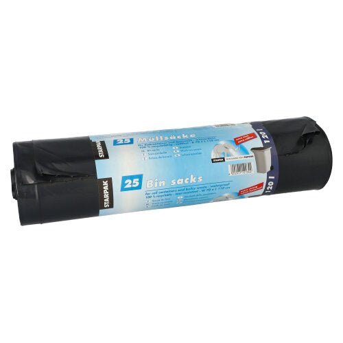 Ένας ρόλος με 25 σακούλες απορριμμάτων Starpak (LDPE, 120 l, 110 cm x 70 cm), καθεμία με μπλε-λευκή ετικέτα με πληροφορίες προϊόντος και εικόνες κάδου απορριμμάτων - ιδανικές για καθημερινή διάθεση απορριμμάτων.