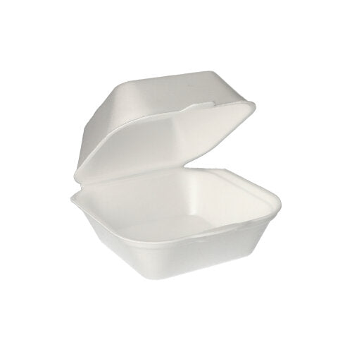 Ένα λευκό κουτί Starpak XPS Hamburger (7,5 x 12 x 12 cm) με καπάκι, ανοιχτό μπροστά από ένα απλό φόντο. Η συσκευασία περιέχει 100 συσκευασμένα κουτιά.