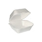 Ένα λευκό κουτί Starpak XPS Hamburger (7,5 x 12 x 12 cm) με καπάκι, ανοιχτό μπροστά από ένα απλό φόντο. Η συσκευασία περιέχει 100 συσκευασμένα κουτιά.