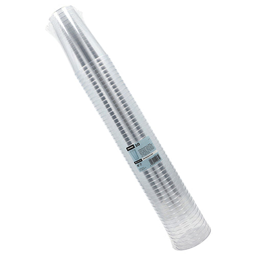 Ein Stapel von Starpak 50 Trinkbecher, PS glasklar Einwegbechern ist in eine Kunststoffverpackung mit einem Etikett mit der Marke Starpak und Produktangaben eingewickelt.