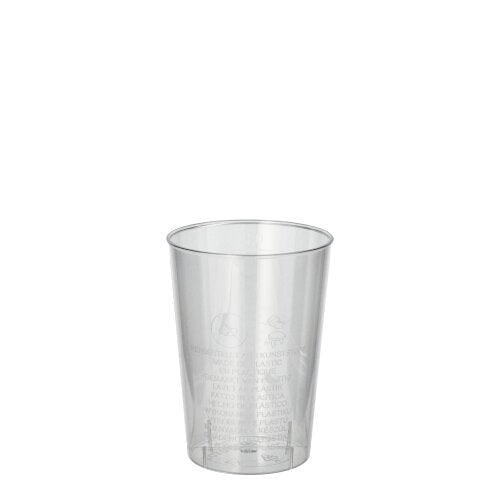 Ένα διαφανές ποτήρι Starpak 40 (PS, 0,1l, Ø 5,5cm · 7,5cm) βρίσκεται μπροστά από λευκό φόντο. Στη συρρίκνωση της μεμβράνης διακρίνονται ελαφριές λεπτομέρειες κειμένου - ιδανικό για πάρτι και εκδηλώσεις (40 τεμάχια).