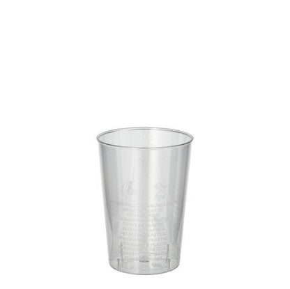Ένα διαφανές ποτήρι Starpak 40 (PS, 0,1l, Ø 5,5cm · 7,5cm) βρίσκεται μπροστά από λευκό φόντο. Στη συρρίκνωση της μεμβράνης διακρίνονται ελαφριές λεπτομέρειες κειμένου - ιδανικό για πάρτι και εκδηλώσεις (40 τεμάχια).