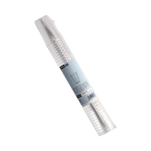 Ένας διαφανής σωρός με 40 ποτήρια Starpak (PS, 0,1 L, Ø5,5 x 7,5 cm), διαφανή και συσκευασμένα σε συρρίκνωση με μπλε ετικέτα - ιδανικό για πάρτι και εκδηλώσεις.