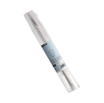 Ένας διαφανής σωρός με 40 ποτήρια Starpak (PS, 0,1 L, Ø5,5 x 7,5 cm), διαφανή και συσκευασμένα σε συρρίκνωση με μπλε ετικέτα - ιδανικό για πάρτι και εκδηλώσεις.