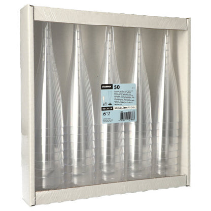 Ένα πακέτο με 50 ποτήρια Starpak με στέλεχος για σαμπάνια (PS, 0,1 l, Ø 5 cm, 17,5 cm) παρουσιάζεται σε δίσκο από χαρτόνι με διαφανή πρόσοψη και ορατή μεσαία ετικέτα στο διαυγές σχέδιο.