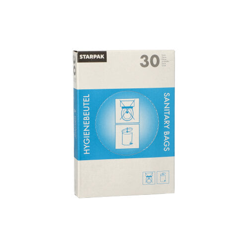 Το κουτί διανομής Starpak περιέχει 30 λευκές υγειονομικές σακούλες (28,5 x 8 x 7 cm) με μπλε-λευκή συσκευασία, την επιγραφή «HYGIENEBEUTEL» και «SANITARY BAGS», με οδηγίες και απεικονίσεις κάδων απορριμμάτων στην μπροστινή πλευρά.