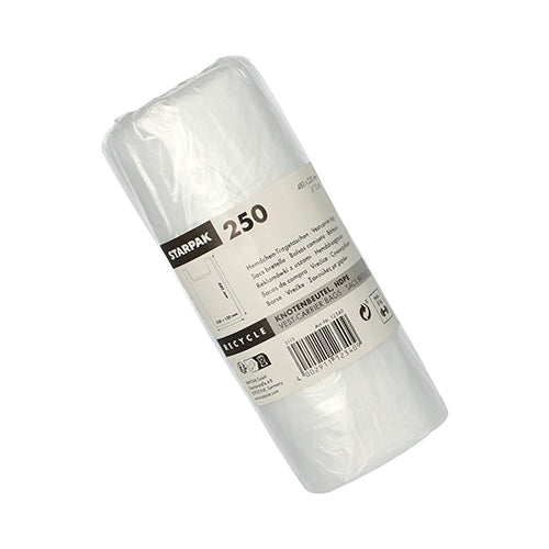 Ένας ρόλος με 250 διαφανείς σακούλες Starpak HDPE (48 x 22 x 12 cm) σε συρρικνωμένο φιλμ, με μια μπεζ-μαύρη ετικέτα με το όνομα της μάρκας, την ποσότητα, το γραμμωτό κώδικα και τις πληροφορίες ανακύκλωσης.