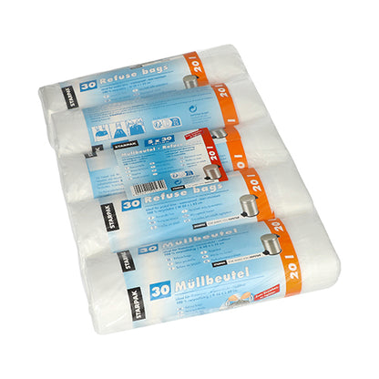 Τέσσερις ρολά Starpak 150 σακούλες απορριμμάτων με κορδόνι, HDPE 20L (55x48cm) διαφανείς, είναι στοιβαγμένα το ένα πάνω στο άλλο. Η μπλε-λευκή ετικέτα κάθε ρολού δείχνει «150 τεμάχια», εικόνες κάδων απορριμμάτων, οδηγίες χρήσης και επισημαίνει την υγιεινή διάθεση απορριμμάτων.