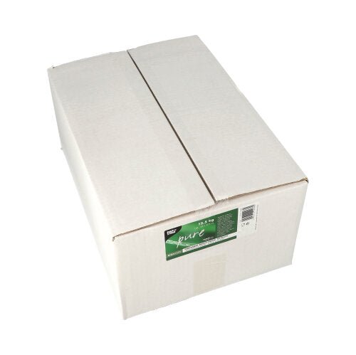 Ένα κλειστό, απλό λευκό κουτί της PAPSTAR GmbH με μια πράσινο-λευκή ετικέτα με την επιγραφή «Pergament-Ersatz, ‘pure’ weiss à 12,5 kg, fettdicht» σε λευκό φόντο.