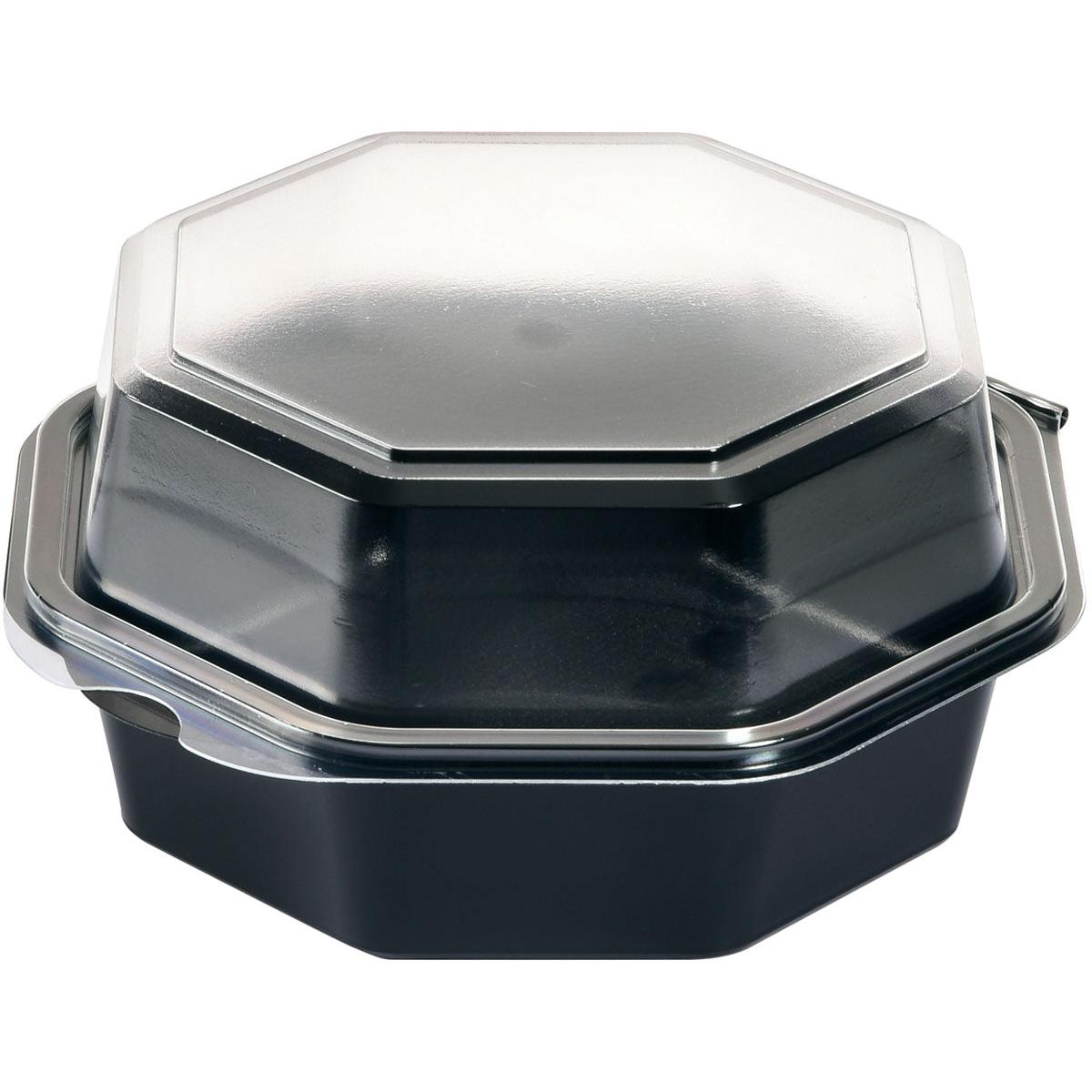 Die Duni GmbH Octaview® Schwarz/Transparent PS 160x160x80 mm Box (405 Stück) ist ein Premium-Lebensmittelbehälter aus Polystyrol mit einem klaren, aufgesetzten Deckel - ideal für die professionelle Präsentation von Lebensmitteln.