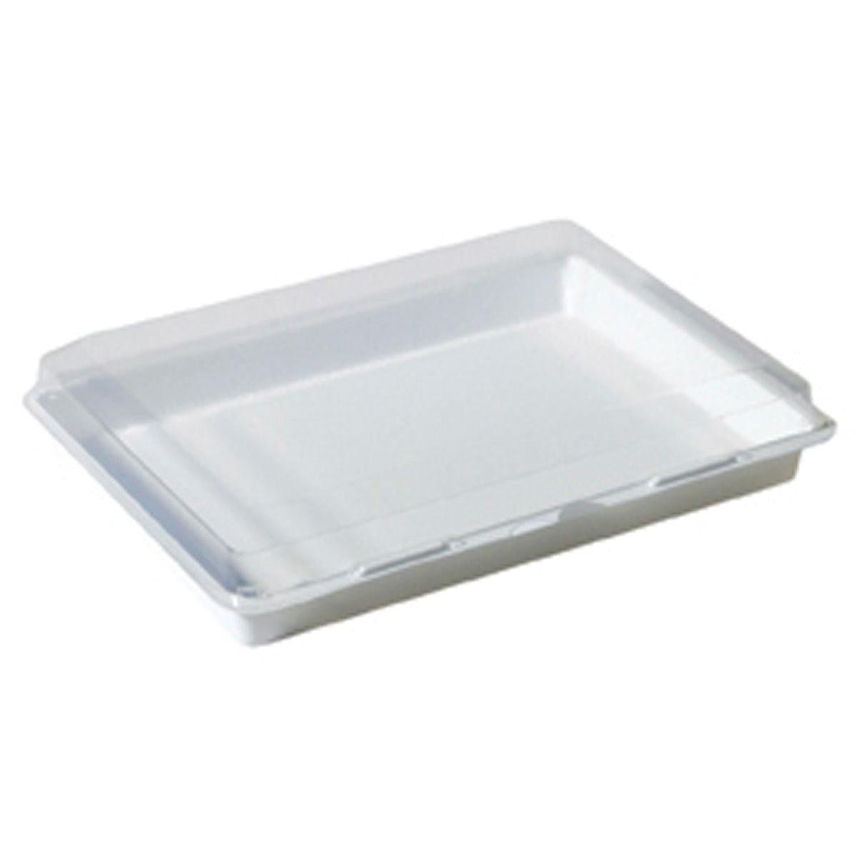 Το Duni GmbH Lunchbox Weiß Transparent (338x250x63 mm) είναι ένας καθαρός, ορθογώνιος, επίπεδος δίσκος PS με ανυψωμένο χείλος και επίπεδο πάτο, ιδανικός για πρακτική αποθήκευση. Απεικονίζεται σε λευκό φόντο. Συσκευασία με 100 τεμάχια.