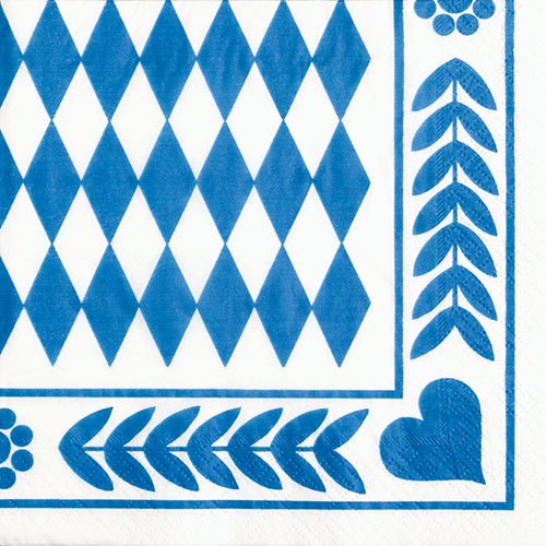 Μια λευκή PAPSTAR 20 χαρτοπετσέτα, 33x33 cm, 3-στρώσεων από την PAPSTAR GmbH με μπλε γεωμετρικό σχέδιο καρδιάς και συμμετρικό περίγραμμα; Design Set 6.