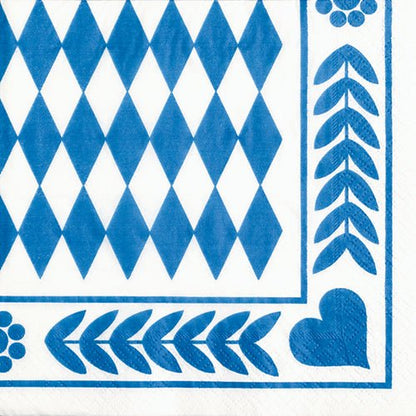 Μια λευκή PAPSTAR 20 χαρτοπετσέτα, 33x33 cm, 3-στρώσεων από την PAPSTAR GmbH με μπλε γεωμετρικό σχέδιο καρδιάς και συμμετρικό περίγραμμα; Design Set 6.
